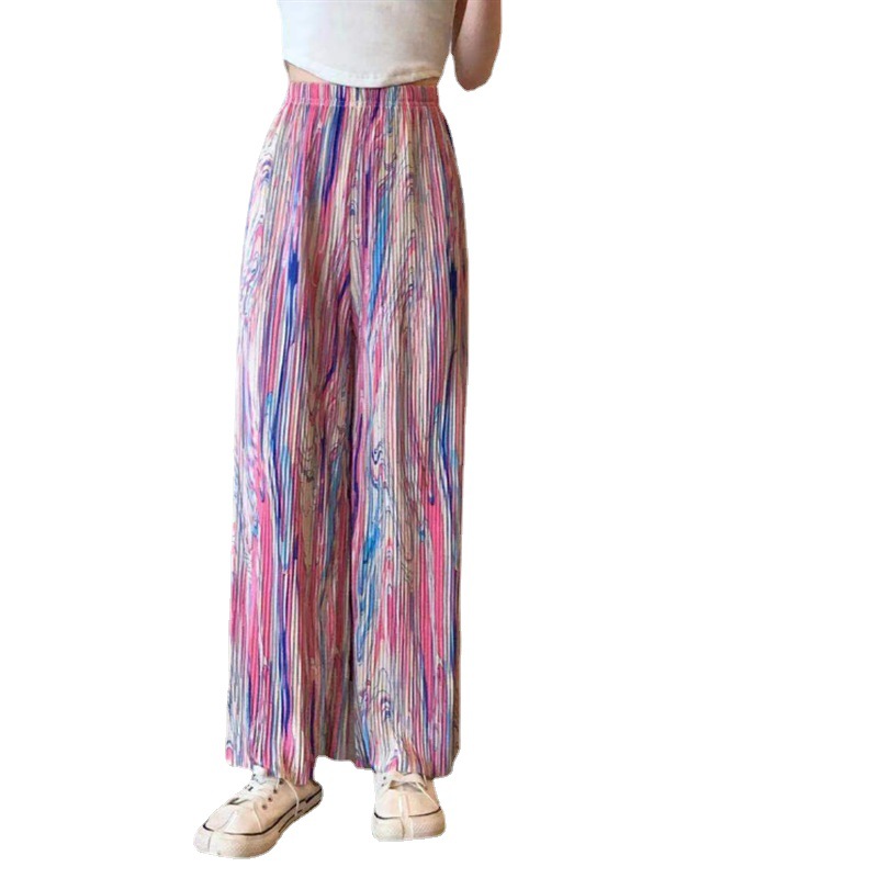 2023 Spring and Summer New Rainbow Bar Wide-Leg Pants Female Flow Color Printing Flower Ice Silk Mop High Waist Drooping Loose Straight