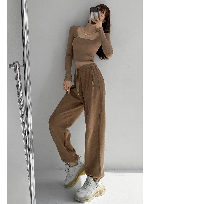 [Knitted Cotton] European and American Style Street Shooting Sports Pants Female Spring and Autumn New Outdoor Loose Drawstring Ankle Banded Pants Sweatpants Fashion