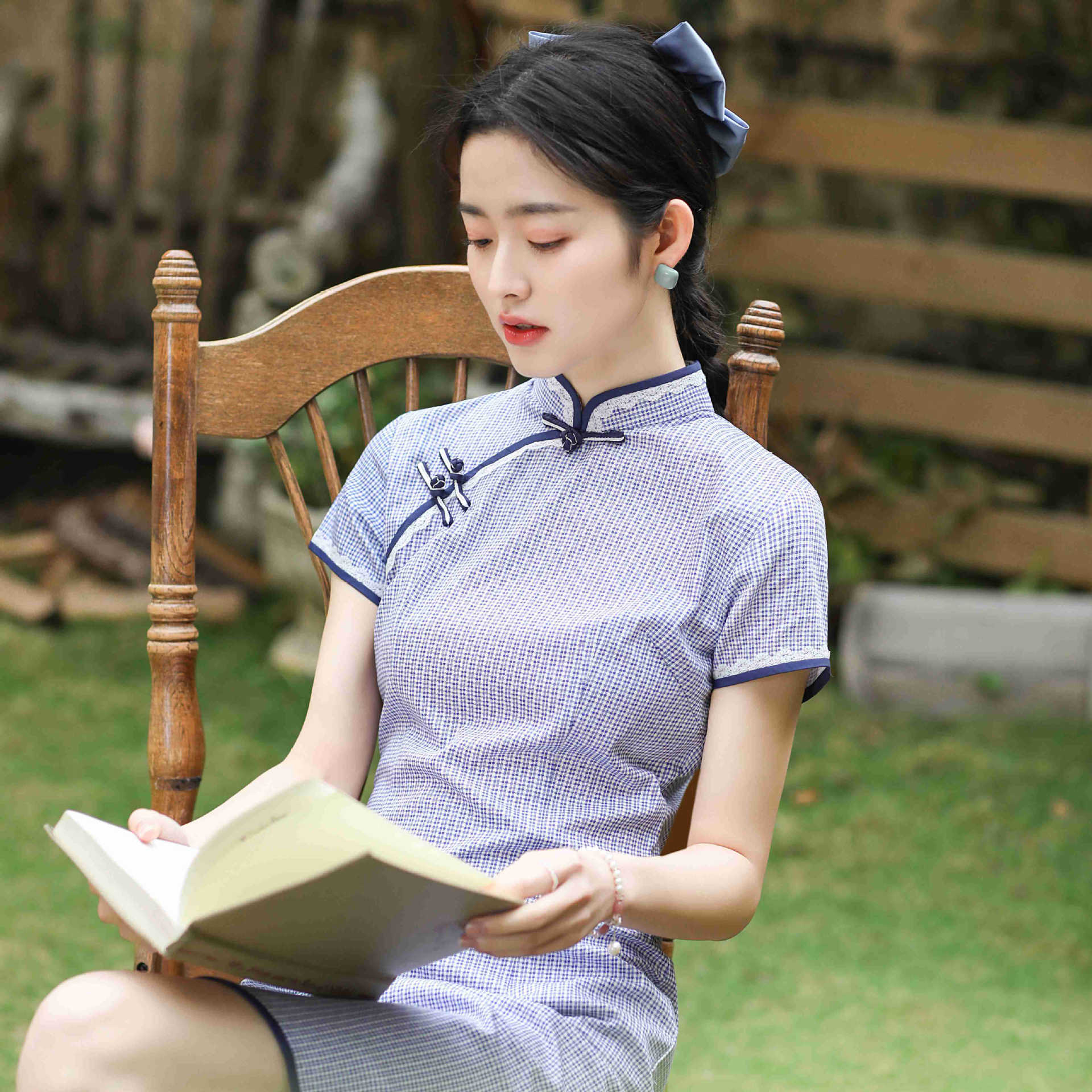 格子旗袍短款弹力棉2021春夏新款年轻日常少女花边学生旗袍代发