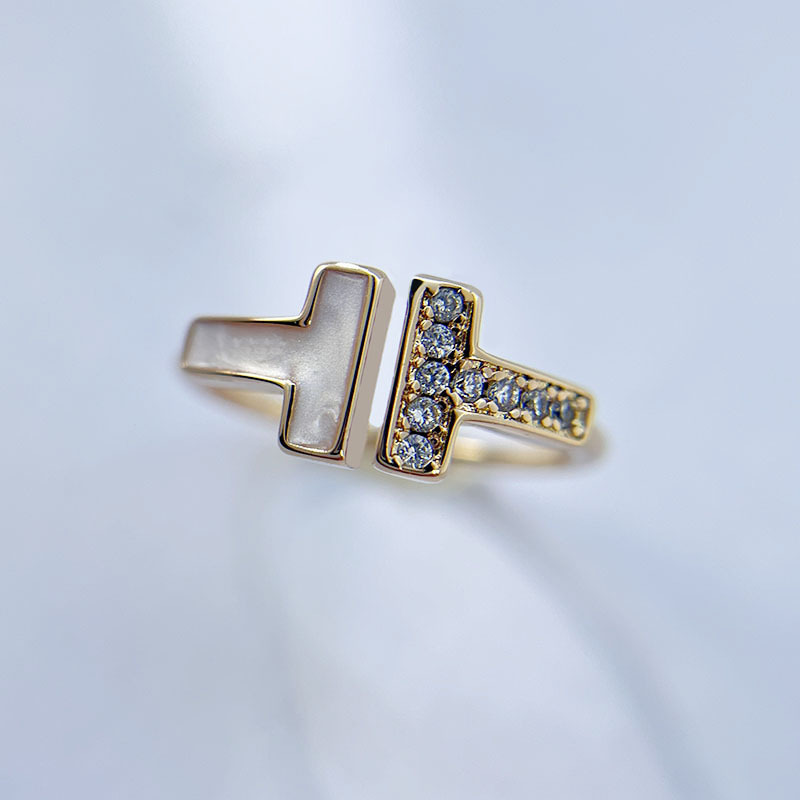 高级保色t家同款香槟金抖音网红双t戒指滴胶镶钻经典小众设计ins