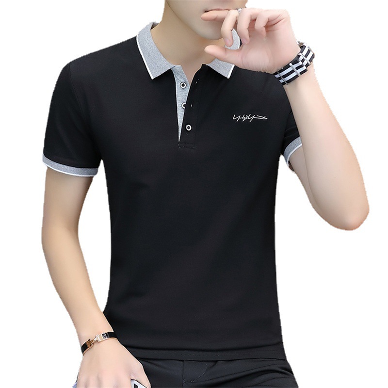 New Summer Lapels Cotton T-shirt Business Clothes Youth Middle-Aged Embroidered Top