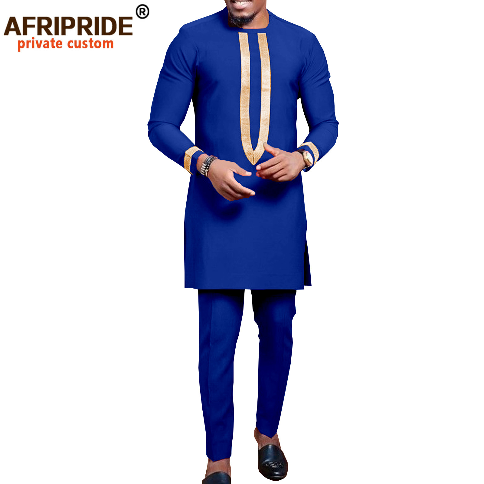 Foreign Trade African National Pure Color Cotton Men's Leisure Suit Top + Pants Afripride 2116050