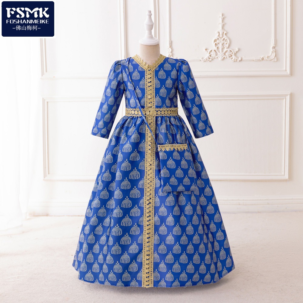 新款中东晚礼服长袍优雅端庄刺绣花边印花及地长裙女童礼服公主裙