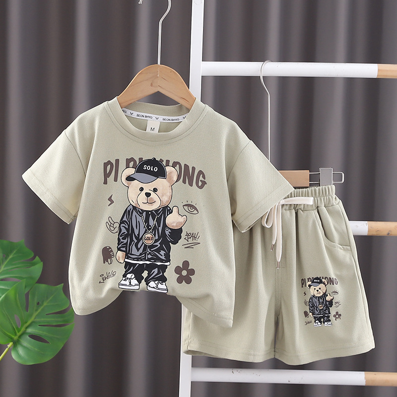 Children's Clothing Children's Short-Sleeved Suit 2024 New Western Style Boy Summer Clothing Clothes Fashion Baby Summer round Neck Two-Piece Set