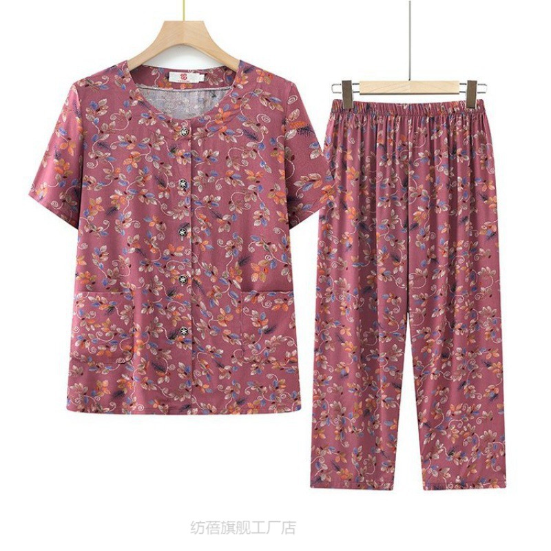 新款中老年棉绸短袖套装夏季新款气质女休闲外穿妈妈夏装人造棉大
