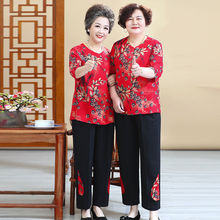中老年人夏装女奶奶装仿棉麻套装60-70岁妈妈短袖T恤太太老人衣服