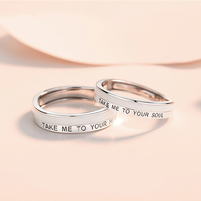 S925 Sterling Silver Ring for Women Simple Bracelet Korean Style Ring Epoxy Letter Opening Adjustable Couple Couple Rings Gift Ornament