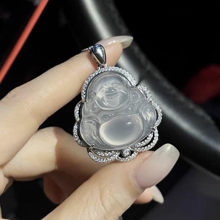 fa冰透佛公玛瑙玉髓吊坠项链女弥勒佛大肚佛像笑佛毛衣链玉佛配饰