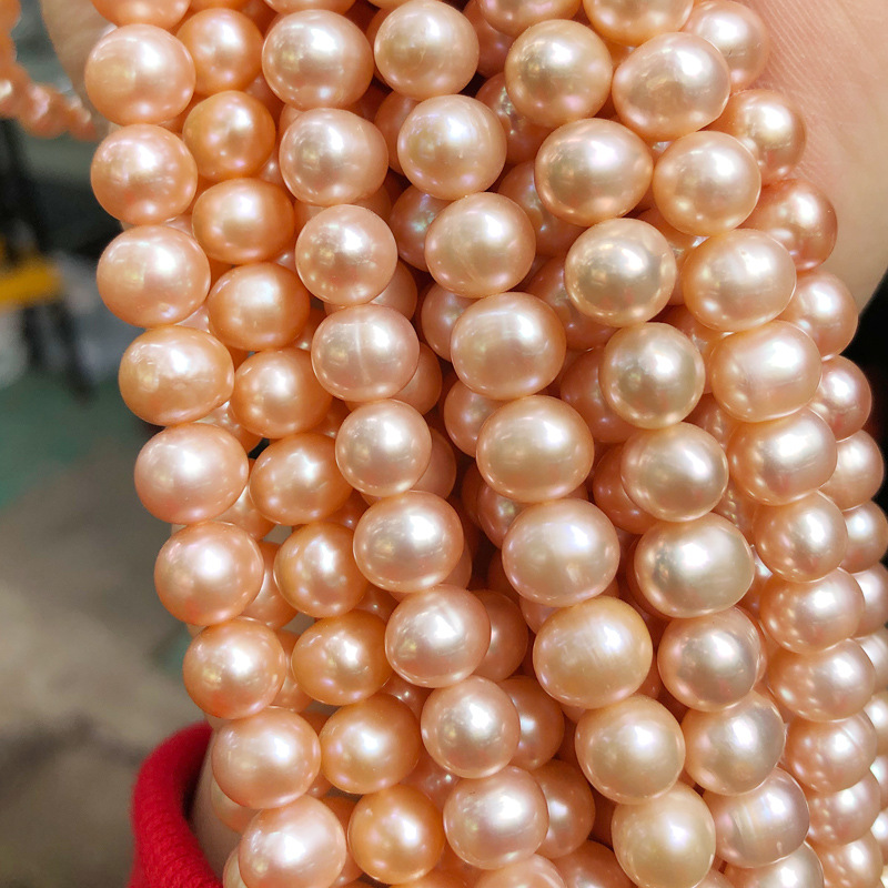 8-9mm近圆橘粉色微瑕珍珠项链半成品 少量生长纹 diy材料厂家批发