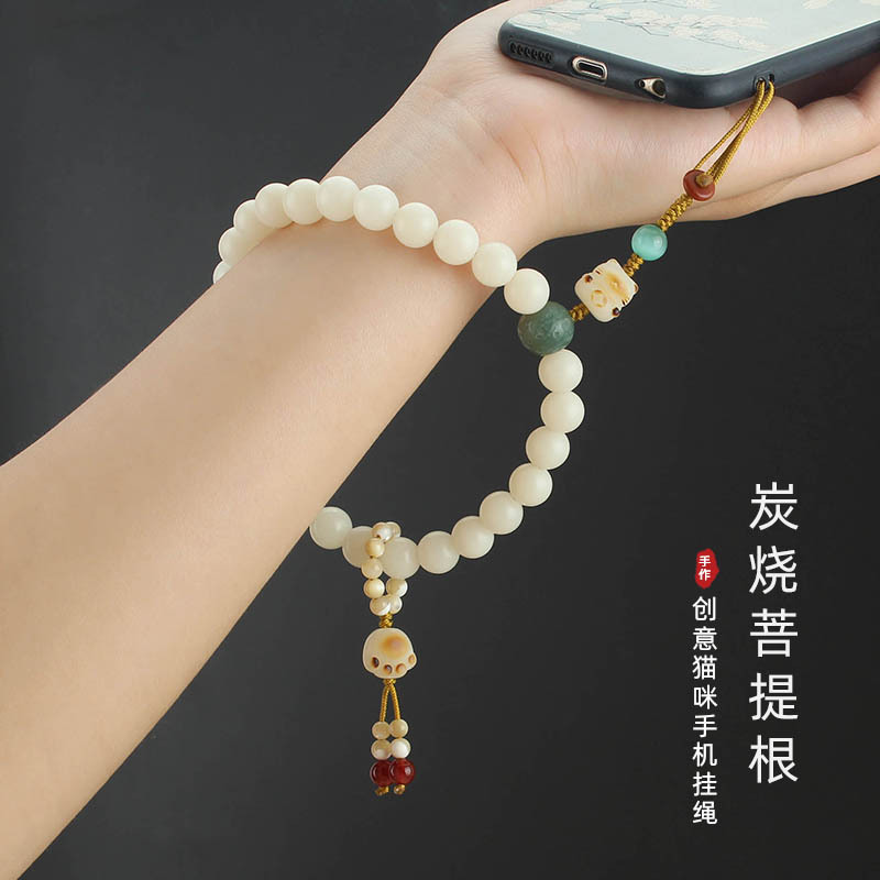 Chinese Style White Jade Bodhi Short Phone Chain Pendant Flexible Ring Bodhi Root Cat's Paw Wrist Lanyard Anti-Lost Hanging Ornaments