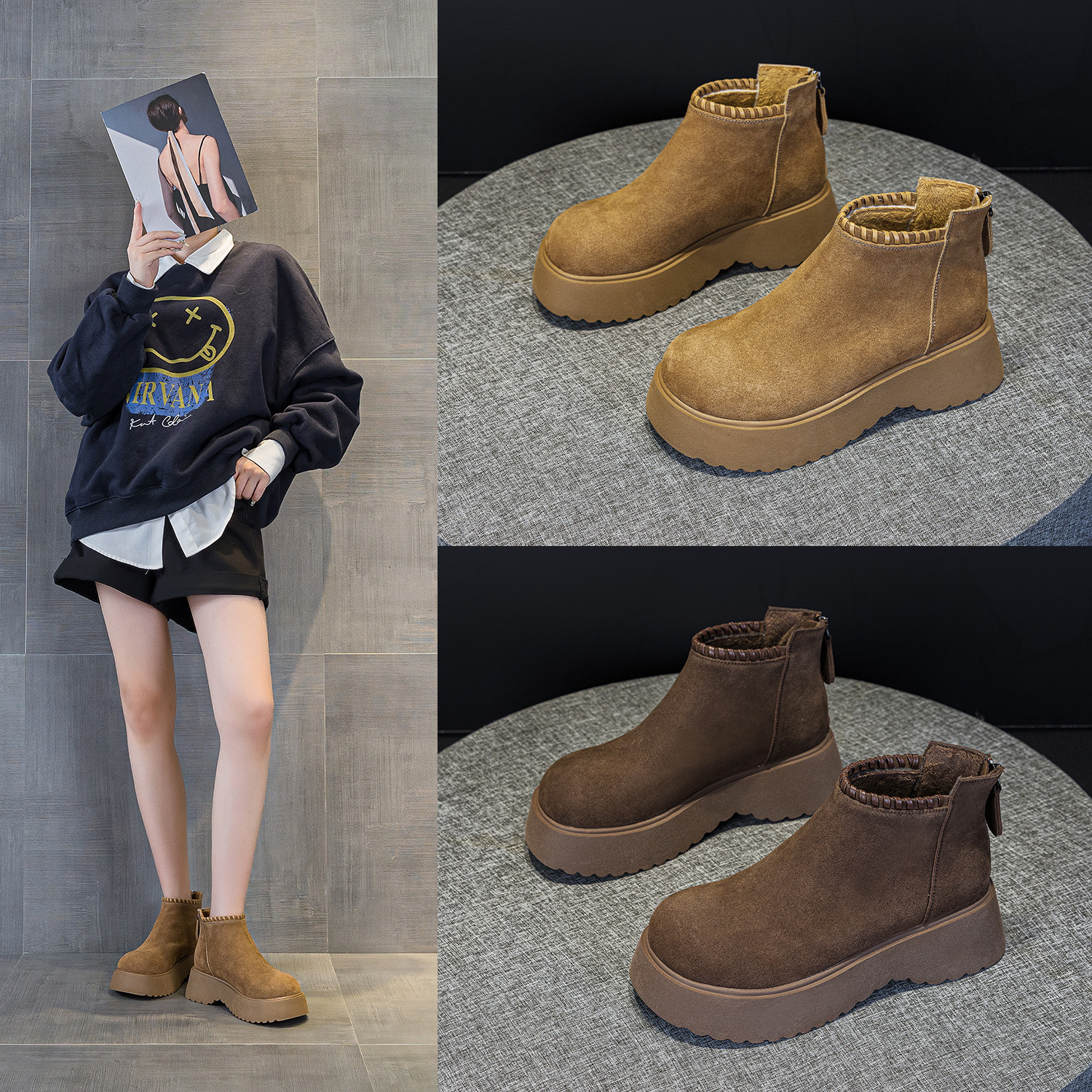 9980厚底增高短靴女2025新款秋季单鞋马丁靴磨砂面圆头后拉链