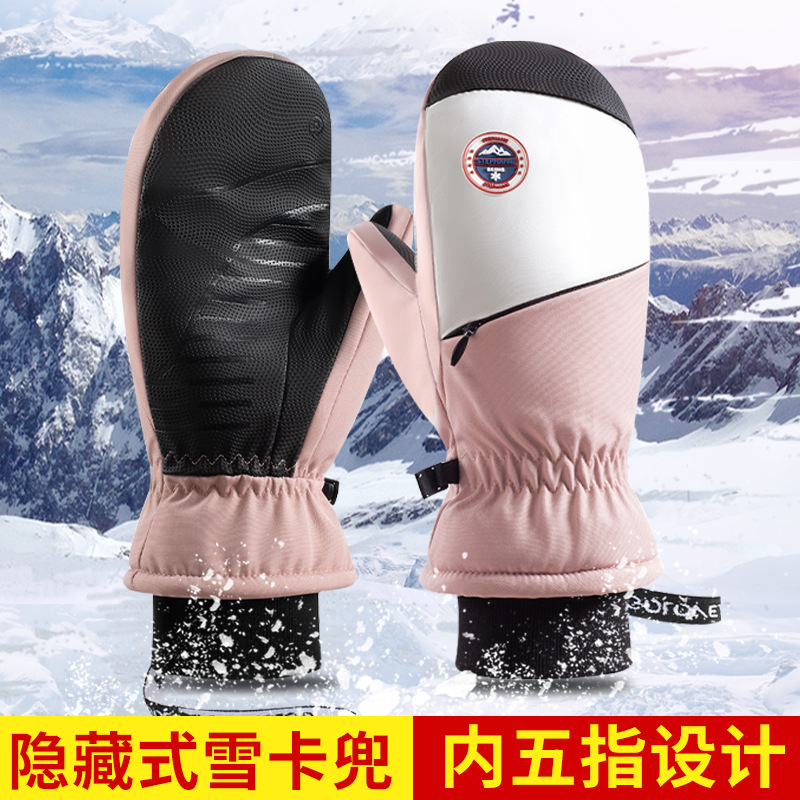 Winter New Ski Gloves Men's and Women's Veneer Outdoor Riding Windproof Waterproof Thickened Warm Inner Five-Finger Gloves