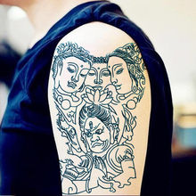 割线小腿三面佛纹身贴 防水 男女 持久花臂仿真刺 三面佛小臂青龙