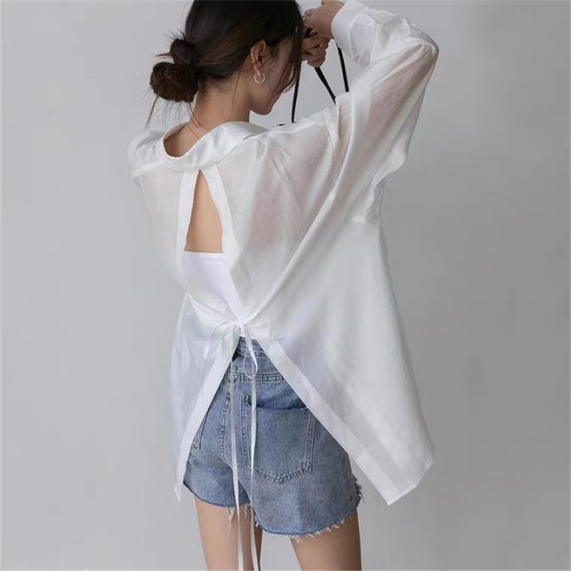 Summer New Korean Style Simple Elegant All-Match Back Strap Design Sun Protection Clothing Shirt Top for Women