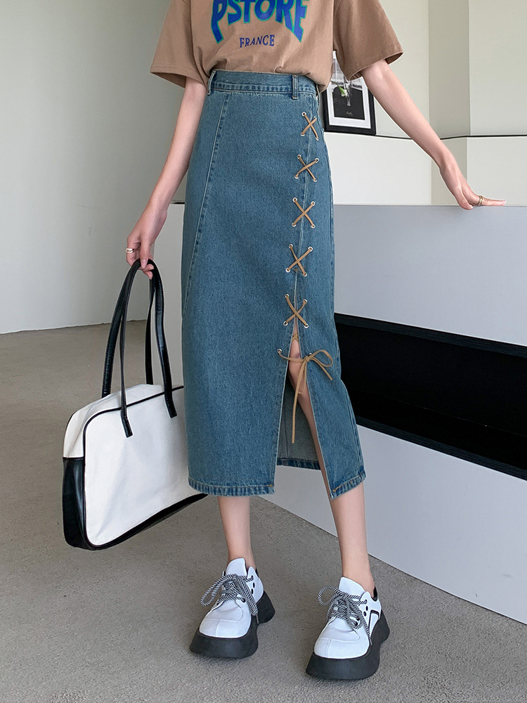 开叉绑带牛仔半身裙女夏小个子夏装搭配高级感不规则a字包臀长裙