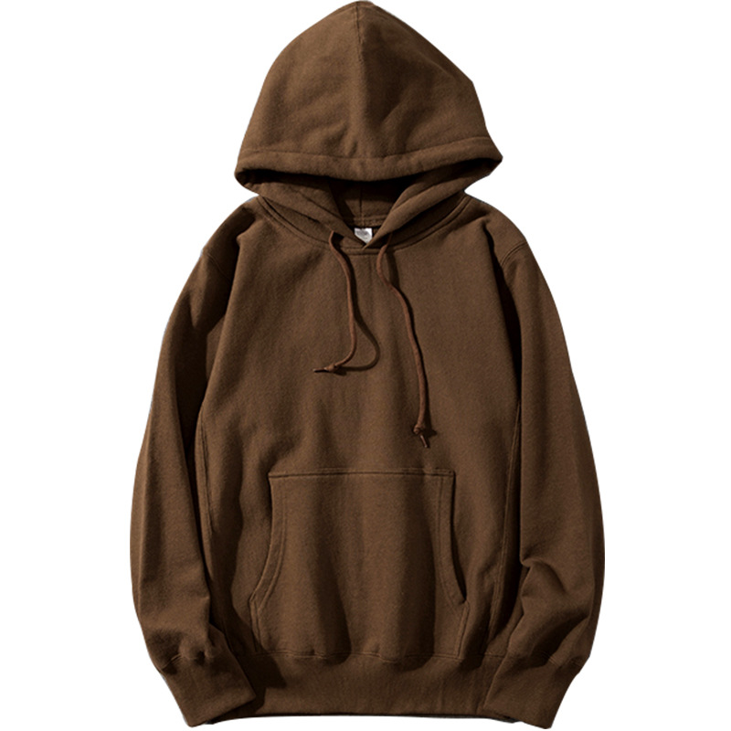 秋季 横向编织巧克力色连帽卫衣深棕色纯棉宽松 咔叽男女款帽衫