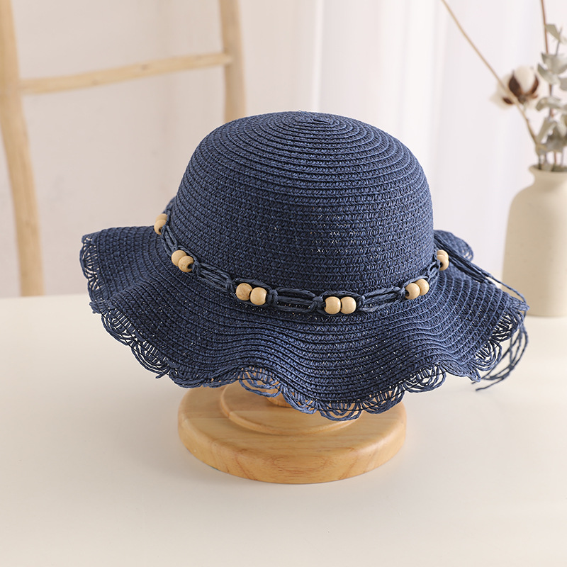 Summer Sun Protection Big Brim Beach Hat Bucket Hat Korean Children Wooden Buckle Bow Sunhat Little Girls' Straw Hat