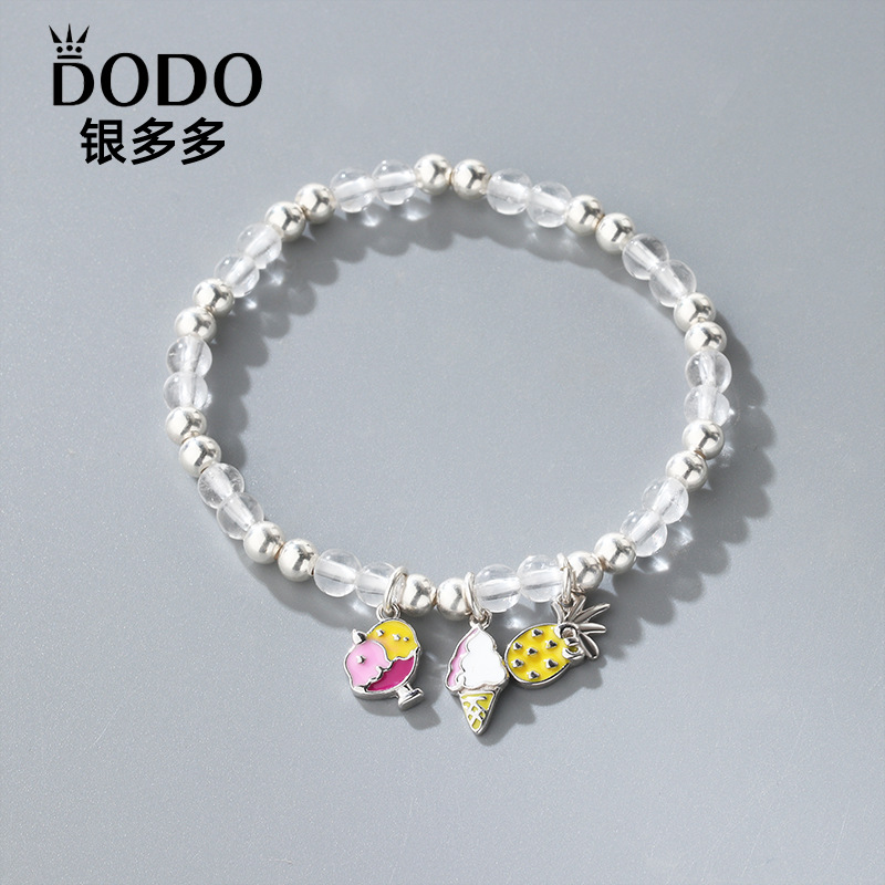 s925纯银冰淇淋雪糕手链女生甜美秀气白水晶手串diy手工手饰夏天