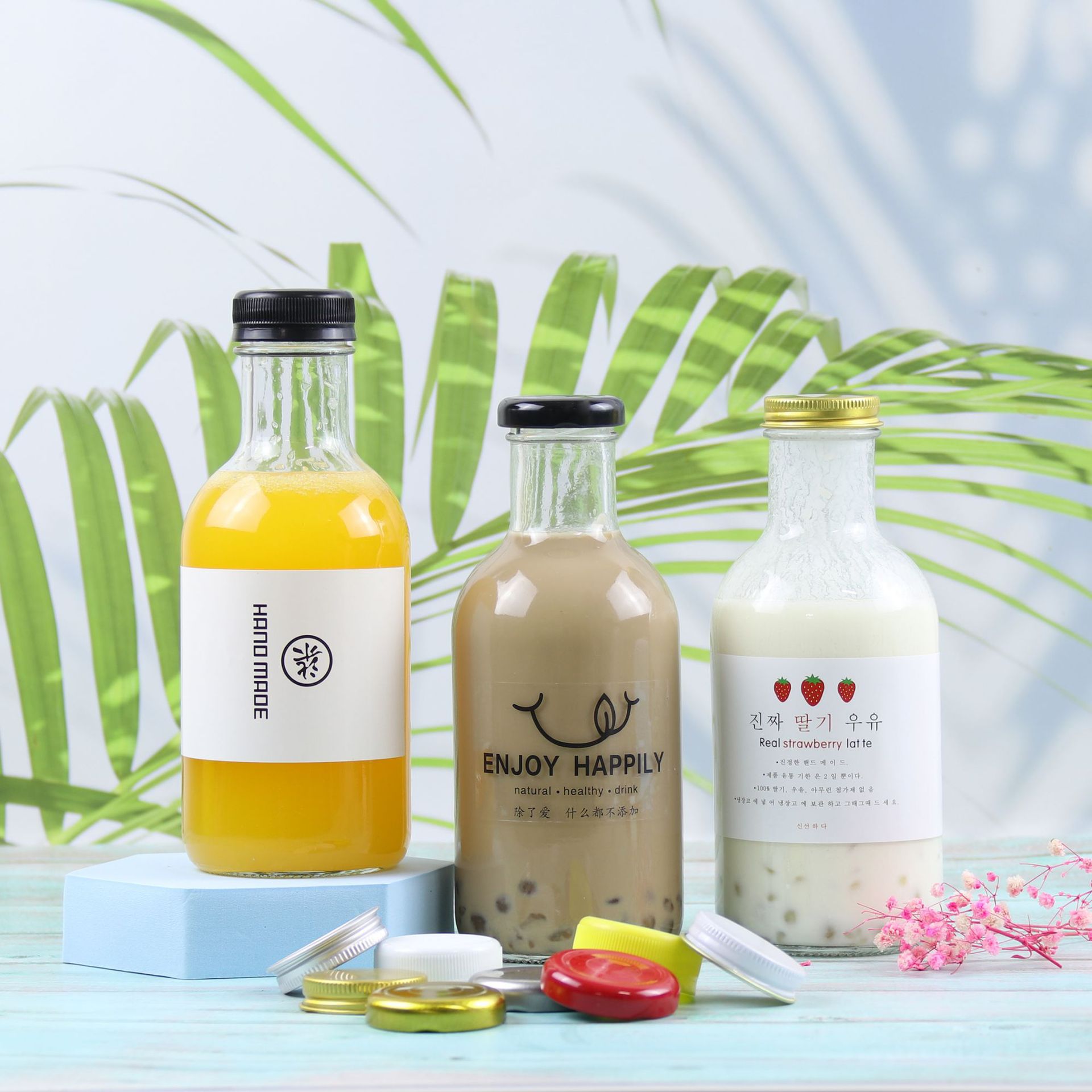 批发新款饮料玻璃瓶果汁奶茶瓶泡茶瓶卡布奇诺饮料瓶含盖咖啡瓶