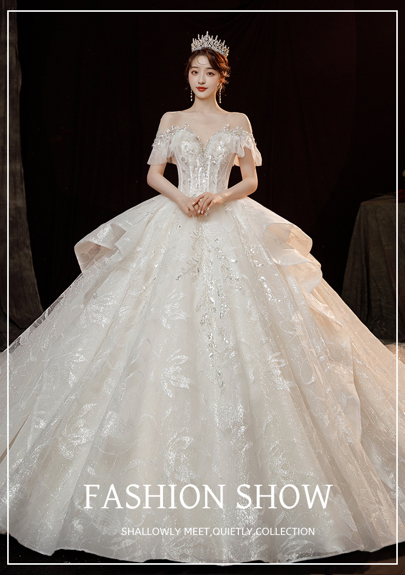 法式赫本风婚纱超长拖尾礼服2022新款一字肩主纱新娘结婚仪式纱女