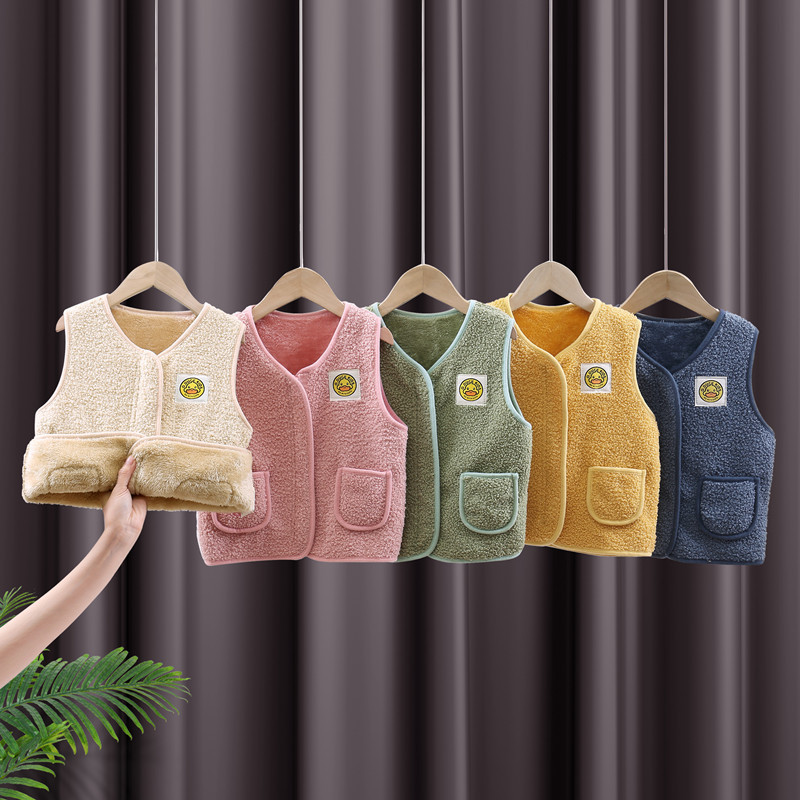 Little Yellow Duck Teddy Velvet Vest Children's Spring and Autumn Thickened Boys' Warm Vest Outer Wearing Girls' Waistcoat Velvet Top image