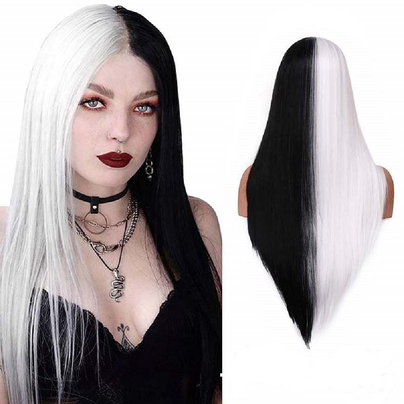 欧美假发cos长直发女半黑半白长头发假发女式万圣节角色扮演头套
