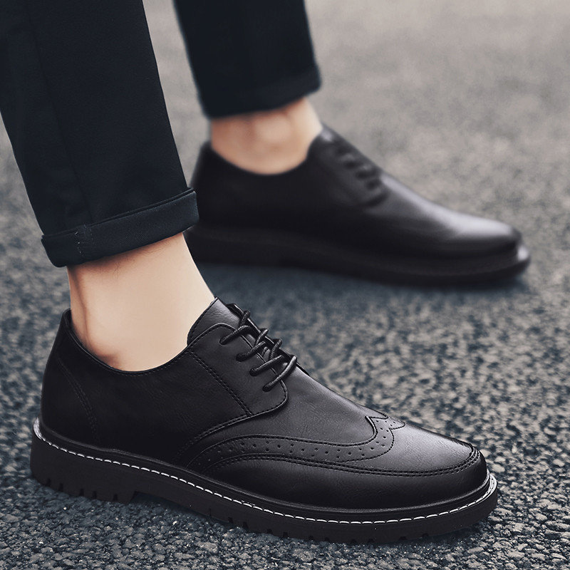 皮鞋男秋季新款透气英伦风黑色布洛克潮鞋百搭正装商务休闲鞋青年