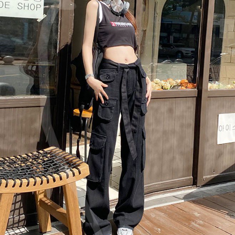 Overalls for Girls Black Wide-Leg Women 2023 Summer High Waist Loose Drawstring Jeans Sweet Cool Style Mop Trousers