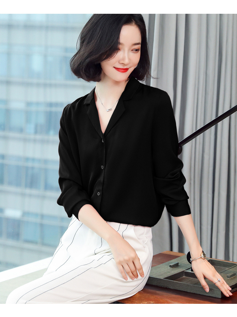 真丝桑蚕丝衬衫女夏单排扣西装领长袖黑色干练职场修身女神衬衣女