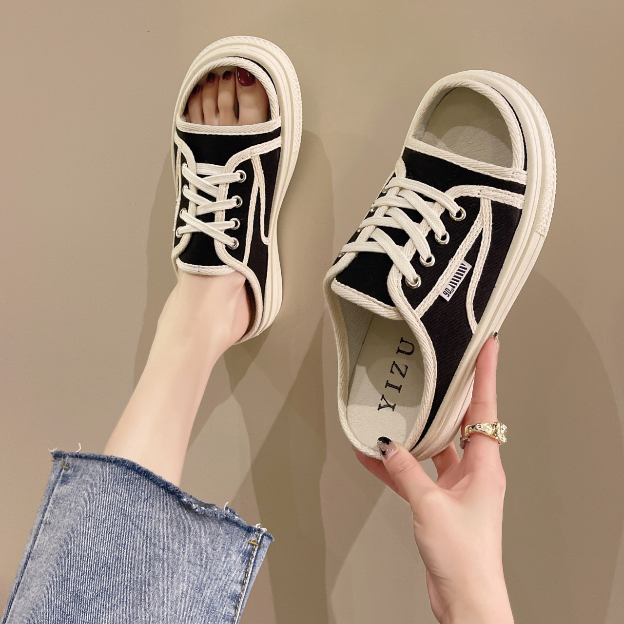 星鸾帆布拖鞋女夏外穿ins风2022年新款韩版厚底休闲格子系带一字