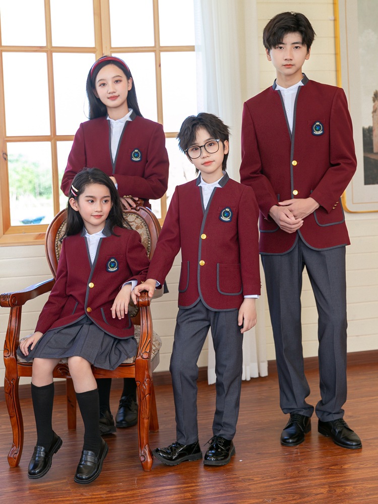 英伦风红色西装校服套装中小学生春秋新款日韩风制服班服幼儿园服