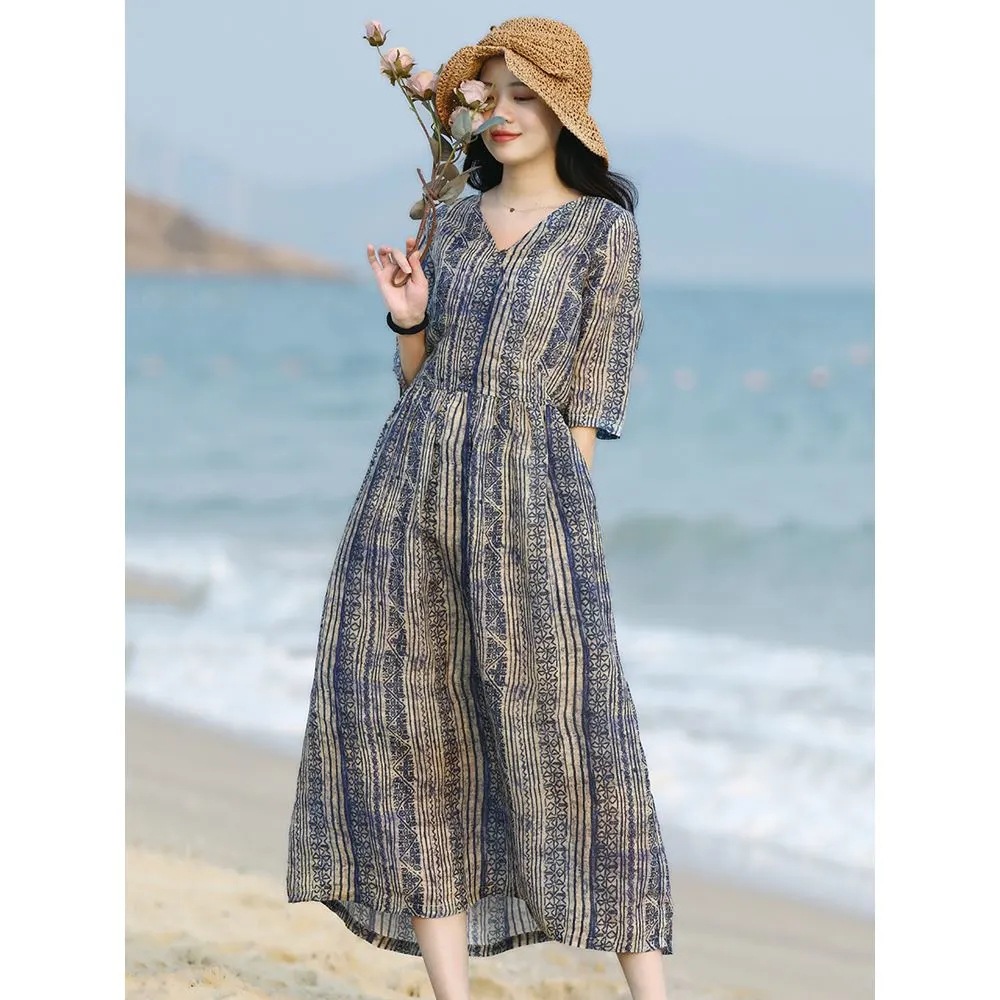 夏季新款条纹气质中长款棉麻连衣裙女2022流行慵懒风减龄复古长裙
