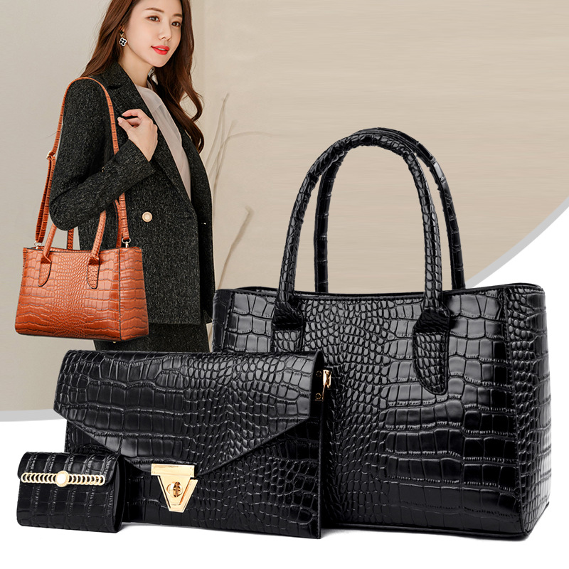 2021 European and American New Women's Bag Fashion Crocodile Pattern Embossed Three-Piece Women's Bag Son Mother Tote Shoulder Messenger Bag