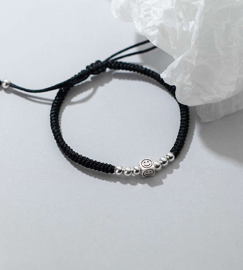 s925银笑脸银珠编织可调节长度手绳diy红绳手链 手饰品批发c0407