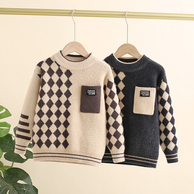 潮男帅气秋季儿童毛衣 新款韩版童装提花菱格拼色男童套头羊毛衫