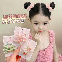 甜美粉色雪纺花朵蝴蝶结儿童发夹发圈组合宝宝发卡边夹头绳