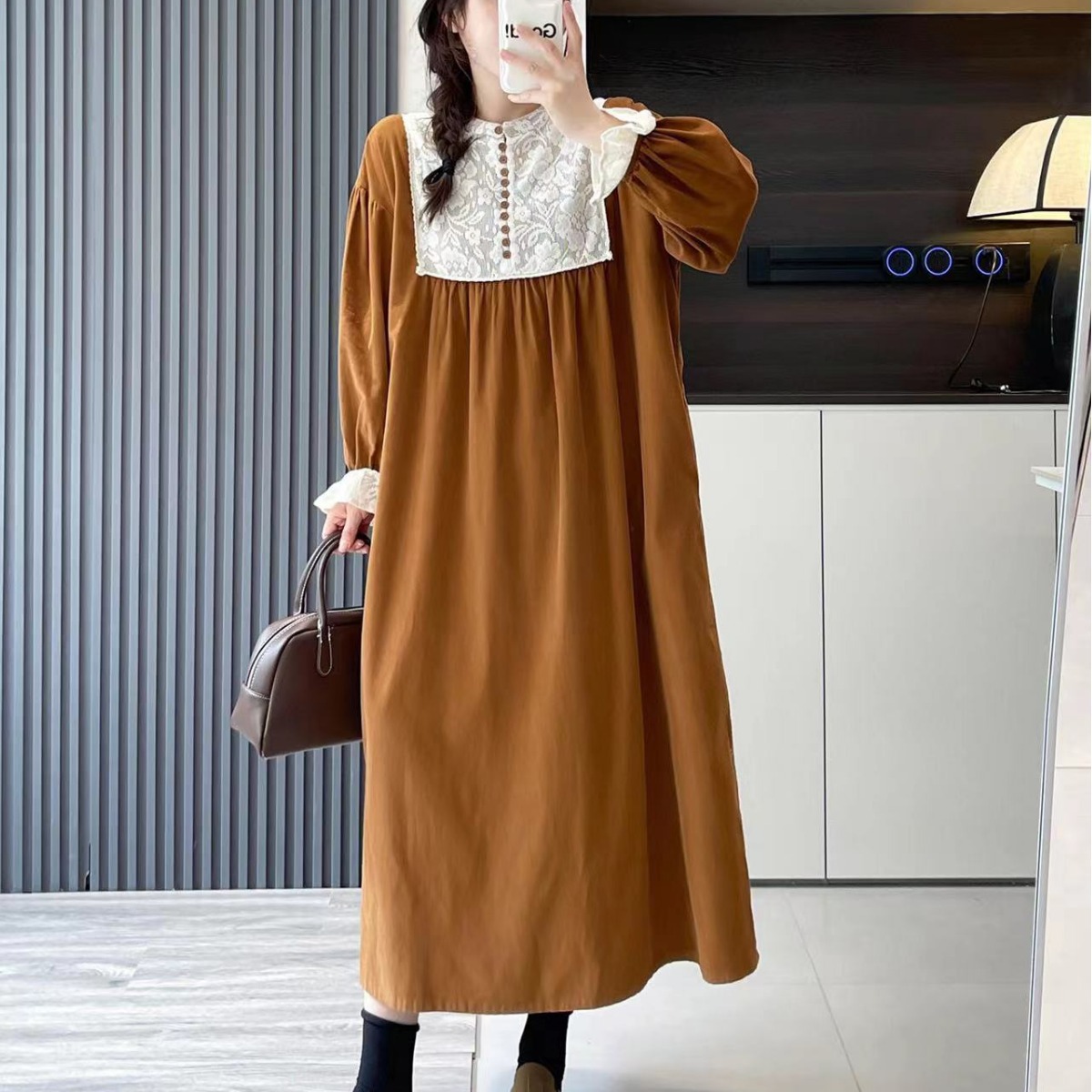 2023秋季新款小清新法式优雅蕾丝棉质长袖连衣裙宽松休闲中长裙