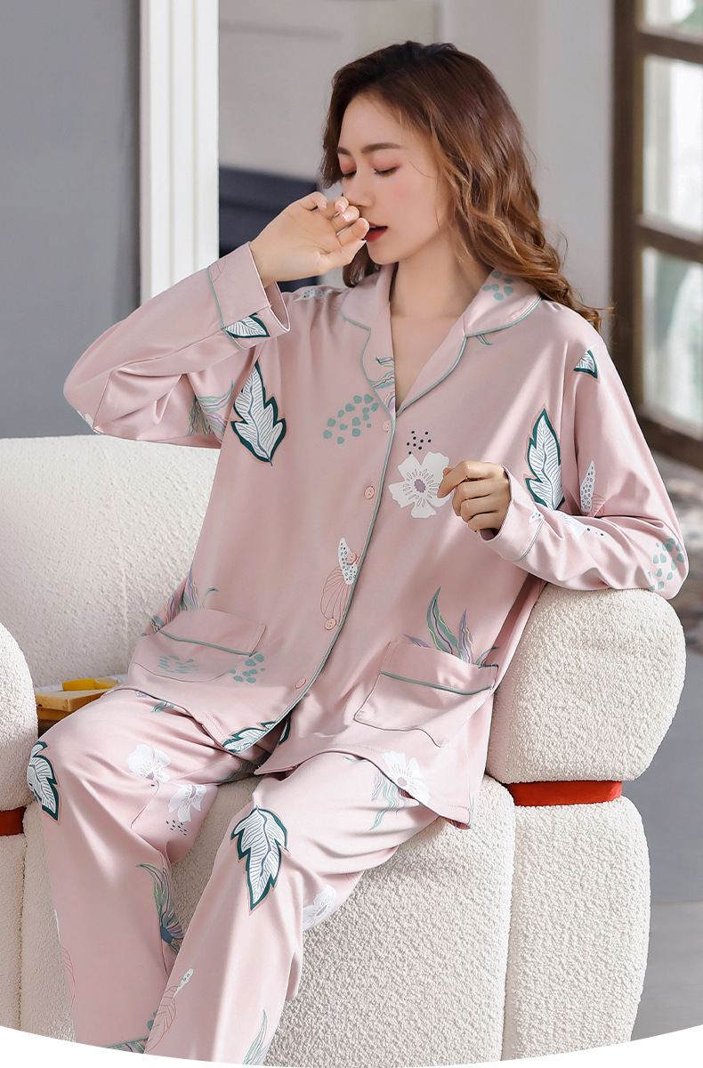 春秋季纯棉薄款女士家居服开衫长袖两件套简约印花透气可外穿睡衣