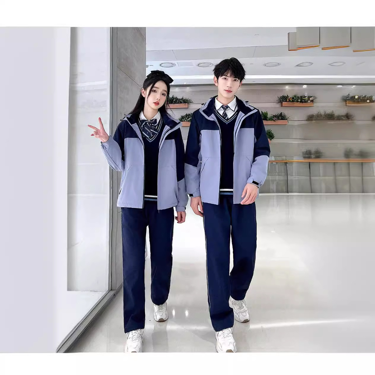 校服冲锋衣初中生三件套秋冬季高中生加厚学院风中学生班服套装