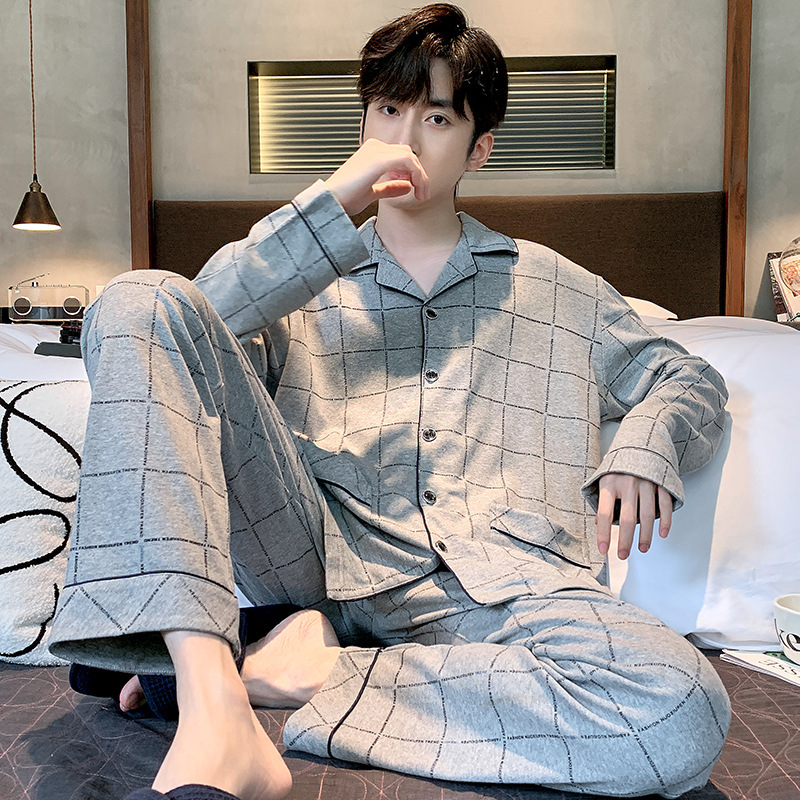 High-End Pajamas Men's Double-Sided Cotton Long-Sleeved Cardigan Loose plus Size Suit Spring and Autumn Winter Home Wear Men Can Wear outside