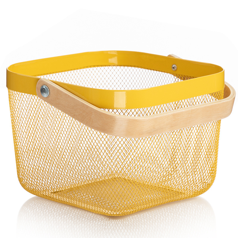 Rishato Wooden Handle Basket Factory Wholesale White Iron Wire Small Basket Storage Basket Wire Basket Fruit Basket