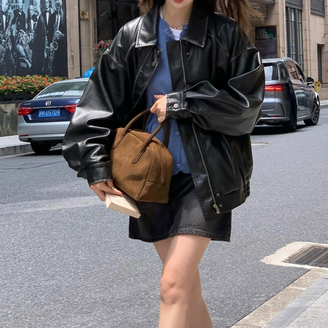 H X Retro Brushed Old Lapel Leather Coat for Women Spring and Autumn Loose Sweet Cool Motorcycle American Jacket Short Coat