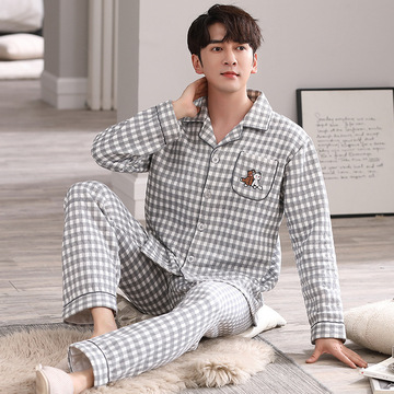 秋冬季男士睡衣长袖保暖夹层空气棉家居服开衫薄夹棉套装可外穿