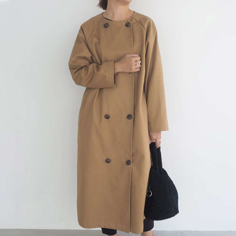 日韩气质女装纯色圆领长袖长款风衣休闲外套女trench coat women