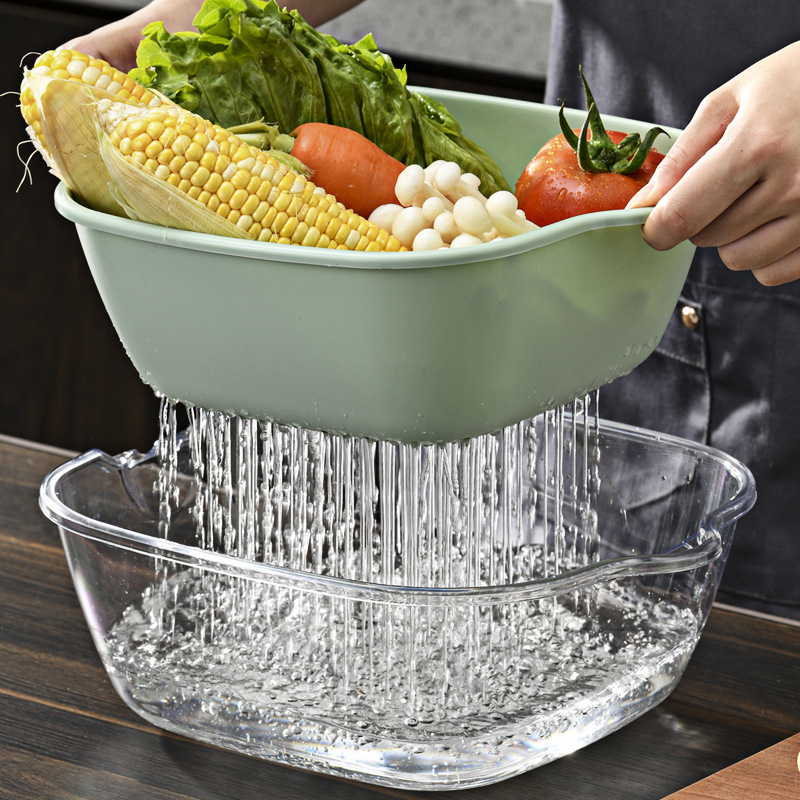 New Drain Basket Eight-Piece Set Hollow Drain Basket Food Grade Household Taobao Vegetable Basket Double-Layer Thickened Washing Vegetable Basket Wholesale