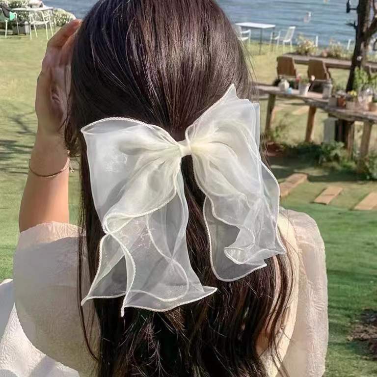 Fairy Mesh White Bow Princess Hair Clip Going out Super Fairy Back Head Ribbon Clip Mori Style Hair Accessories