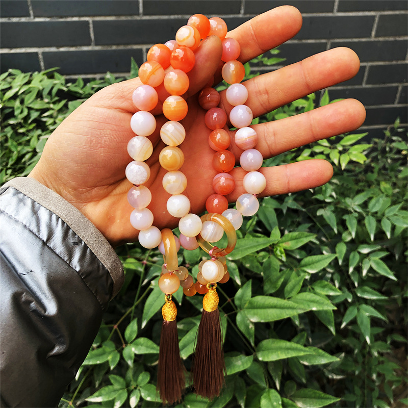 新疆金丝玉紫罗兰十八子手持 佘太翠粉飘花玉手持 渐变包挂玉手串