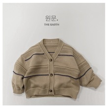 奶fufu慵懒韩版儿童毛衣开衫秋装男女宝洋气条纹粗针毛衣针织外套