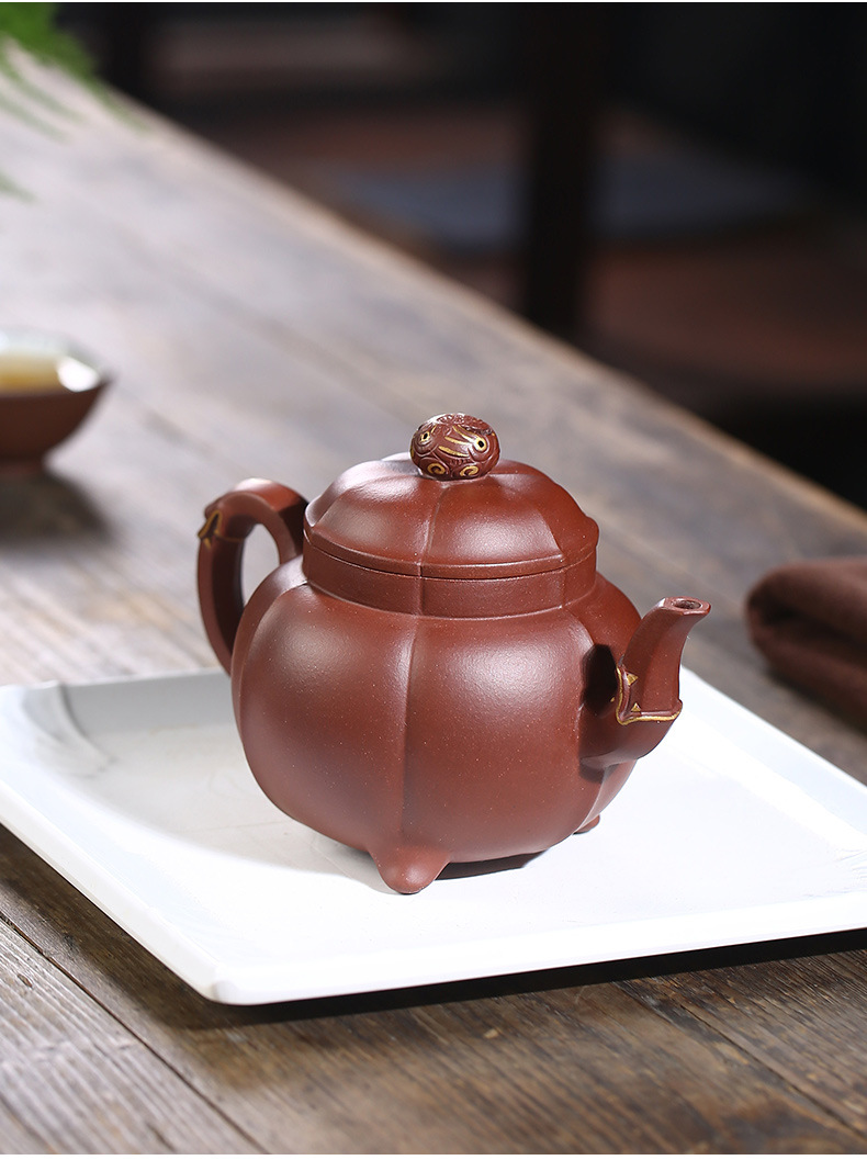 宜兴紫砂壶三足葵菱壶原矿紫泥筋纹器李海燕茶壶茶具一件代发货