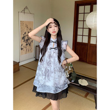 新中式小飞袖连衣裙女夏季2024新款水墨画设计感显瘦假两件A字裙